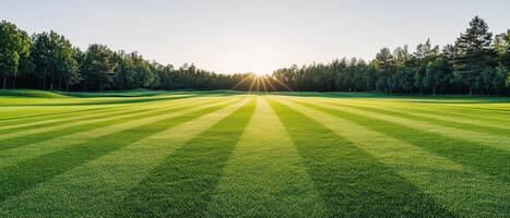 wide angle view of manicured golf course at sunrise, showcasing vibrant green grass and beautiful tree lines. sun casts rays across landscape, creating serene atmosphere photo