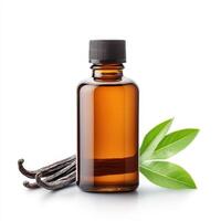 bottle of vanilla extract with vanilla pods and green leaves, perfect for enhancing desserts and baking. rich aroma adds delightful touch to various recipes photo