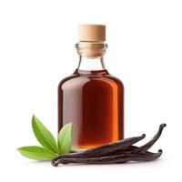 bottle of vanilla extract with green leaves and vanilla pods, perfect for enhancing desserts and baking. rich color and natural ingredients evoke sense of warmth and flavor photo