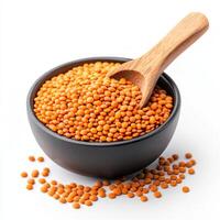 bowl of dried red lentils with wooden spoon, perfect for vegetarian dishes and healthy cooking. These lentils are nutritious ingredient for various recipes photo
