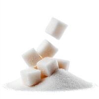 Granulated sugar mound with falling sugar cubes, perfect for baking and cooking. This captures essence of sweetness and culinary creativity photo