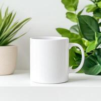 white ceramic mug on minimal shelf surrounded by green plants, creating serene and modern atmosphere. Perfect for showcasing beverages or as decorative piece photo