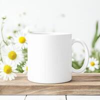 white ceramic mug on wooden surface surrounded by daisies, perfect for showcasing designs or branding. Ideal for coffee lovers and floral enthusiasts photo