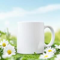 plain white mug sits in green garden surrounded by daisies, evoking serene and refreshing atmosphere perfect for enjoying warm beverage photo