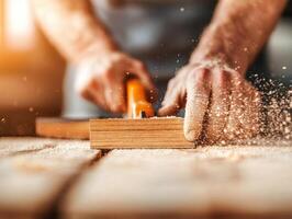 Close up of hands using precision saw to cut wood, creating fine sawdust. craftsmanship and focus highlight art of woodworking photo