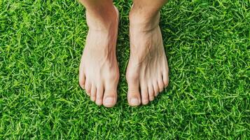 Bare feet standing on lush green grass, feeling earth connection and nature embrace. moment of tranquility and grounding in serene environment photo