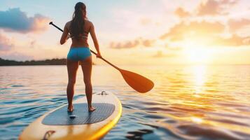 woman stands on paddleboard in calm lake, enjoying beautiful sunset. serene atmosphere and vibrant colors create peaceful and reflective moment photo
