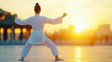 woman practicing tai chi in serene outdoor setting during sunset, showcasing balance and tranquility. warm glow of sun enhances peaceful atmosphere photo