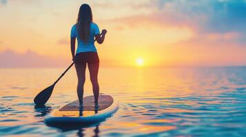 woman stands on paddleboard in calm lake at sunset, enjoying serene view. vibrant colors of sky reflect on water, creating peaceful atmosphere photo
