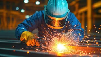 Welding worker creating sparks while working on steel frame in industrial setting. intense focus and bright light highlight craftsmanship involved in metalwork photo