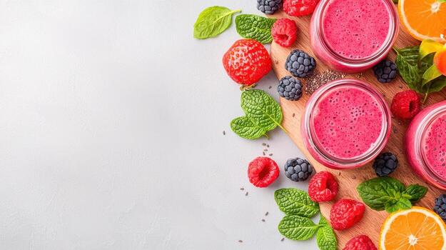 Fresh smoothie ingredients arranged on wooden board, featuring vibrant berries, mint leaves, and citrus fruits, creating colorful and healthy display photo