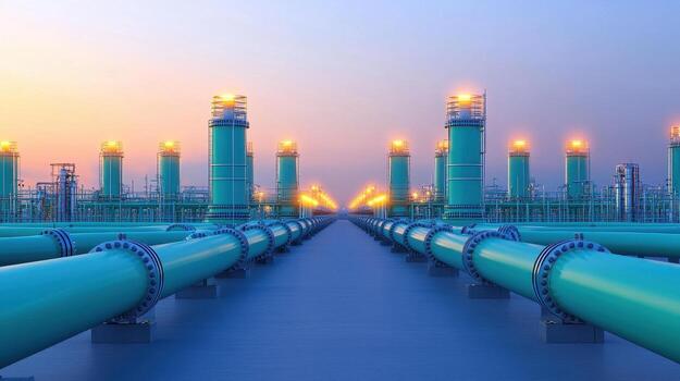 Futuristic green hydrogen plant with sleek pipelines and glowing structures, showcasing advanced technology and innovation in energy production photo