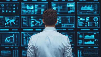 Professional workspace with data analytics display, showcasing graphs and charts. focused individual analyzes information for strategic insights photo