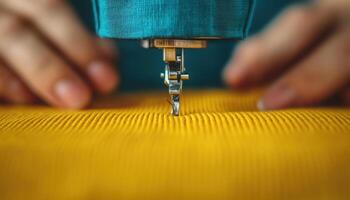 Close up of hands sewing fabric on industrial machine, showcasing precision and craftsmanship. vibrant yellow fabric contrasts beautifully with sewing machine, creating engaging visual photo