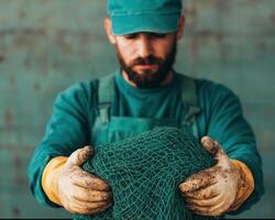 Fisherman sorting fishing nets on wooden pier, showcasing coastal vibes and dedication to his craft. focus is on textured net and fisherman weathered hands photo