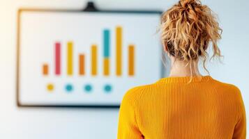 Back view of woman in yellow sweater observing presentation with colorful bar graphs, showcasing data analysis and insights in modern office setting photo