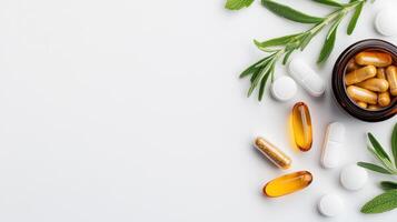Natural supplements and vitamins arranged with herbs, showcasing health benefits. image features capsules, tablets, and glass jar, emphasizing wellness and nutrition photo
