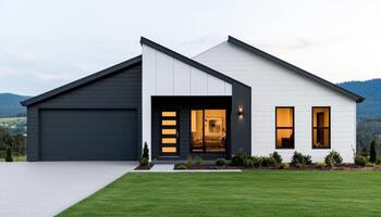 Modern duplex house with mirrored architecture, featuring sleek design and large windows. exterior combines black and white elements, creating striking contrast photo