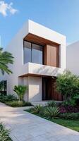 Modern contemporary house with geometric architecture, surrounded by lush greenery and tropical plants, featuring large windows and wooden facade photo