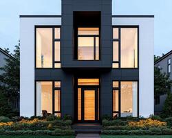 Modern contemporary house with bold architectural design, featuring large windows and striking facade. landscaping includes vibrant flowers and greenery, enhancing aesthetic appeal photo