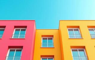 Brightly colored apartment facade featuring pink and yellow walls, showcasing modern architecture against clear blue sky. vibrant colors create cheerful atmosphere photo
