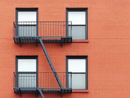 Classic brick apartment building with fire escape and windows. vibrant red brick contrasts with black metal fire escape, creating striking urban aesthetic photo