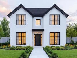 Elegant duplex house with symmetrical architecture, featuring large windows and welcoming entrance. landscaped garden enhances its charm and modern appeal photo
