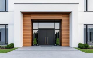 Modern luxury house entrance with double doors and wooden accents, featuring elegant landscaping and sleek design that exudes sophistication and style photo