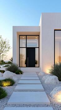 Modern minimalist duplex exterior with sleek black door, surrounded by desert landscaping and stone pathways, creating serene and inviting atmosphere photo
