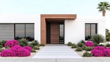 Minimalist house facade featuring wood and concrete elements, surrounded by vibrant pink flowers and lush greenery, creating serene and inviting atmosphere photo