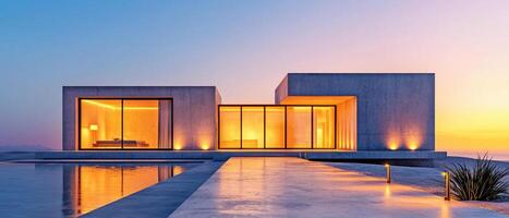 Modern house with artistic concrete facade, large windows, and serene sunset. tranquil atmosphere enhances beauty of contemporary architecture photo