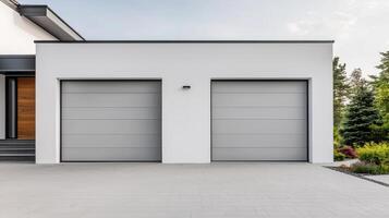 Modern garage with sleek design and clean driveway, featuring two spacious doors and minimalist aesthetic, surrounded by greenery photo