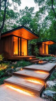Modern wooden houses with smart architecture nestled in lush forest, featuring warm lighting and serene pathway. perfect blend of nature and contemporary design photo