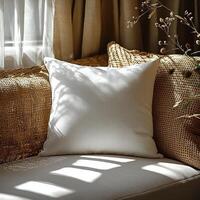 cozy pillow mockup rests elegantly on stylish sofa surrounded by natural textures and soft light creating warm inviting atmosphere perfect for relaxation photo