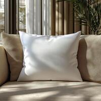 soft pillow mockup rests elegantly on cozy sofa, surrounded by natural light filtering through large windows, creating serene and inviting atmosphere photo