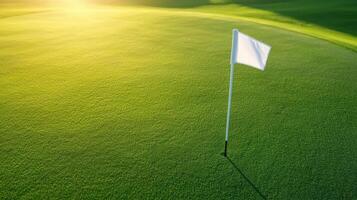 serene golf course fairway with white flag gently waving in breeze, surrounded by lush green grass, creating peaceful and inviting atmosphere for golfers photo