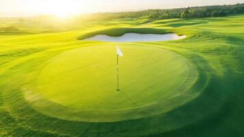 stunning aerial view of golf course fairway featuring well maintained green and sand trap in background. sunlight casts warm glow, enhancing serene atmosphere of landscape photo