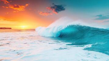 stunning ocean wave crashes against shore, illuminated by vibrant sunset. colors blend beautifully, creating serene yet powerful atmosphere photo
