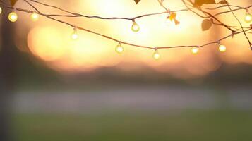 Soft glowing string lights hang above serene outdoor setting, creating warm and inviting atmosphere during sunset. gentle bokeh effect enhances peaceful ambiance photo
