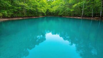 serene landscape featuring tranquil body of water surrounded by lush green trees, reflecting vibrant colors of nature. crystal clear water invites sense of peace and calm photo