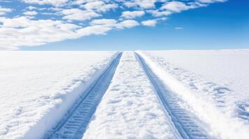 Fresh snow covers ground, with clear blue skies above. Sled tracks create scenic path through untouched white landscape, evoking sense of tranquility and adventure photo