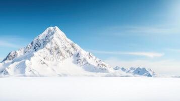 Majestic snow capped mountains rise against clear blue sky, creating breathtaking landscape that evokes sense of tranquility and awe. vast expanse of snow adds to serene beauty of scene photo