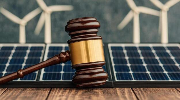 showcases gavel placed solar panels with wind turbines background, symbolizing intersection of renewable energy and legal frameworks. This scene emphasizes importance of sustainable photo