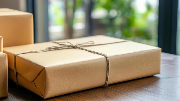 neatly wrapped package sits on wooden table, symbolizing efficiency of logistics and supply chain solutions in modern warehouse environment photo