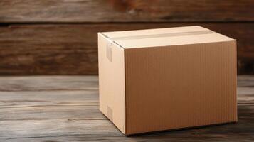 cardboard box sits on rustic wooden surface symbolizing essential role of logistics in supply chain. This simple yet effective packaging solution is vital for efficient logistics solutions photo