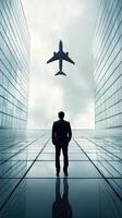 businessman stands in modern urban setting gazing up at aeroplane soaring through sky, symbolizing ambition and pursuit of dreams. reflective glass buildings enhance scene depth and emotion photo