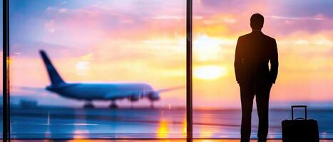 businessman stands by window gazing at aeroplane during sunset, reflecting on his aeroplane insurance document while waiting for his flight photo