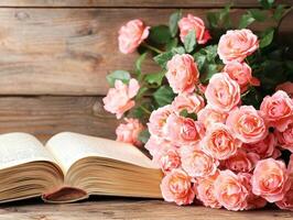 hermosa arreglo de rosado rosas junto a abierto libro crea calentar atmósfera Perfecto para madre día celebracion lleno con amor y alegría foto