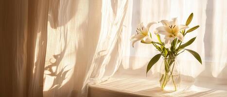 hermosa florero de blanco lirios se sienta graciosamente por ventana, capturar esencia de madre día celebracion con suave ligero y amable oscuridad foto