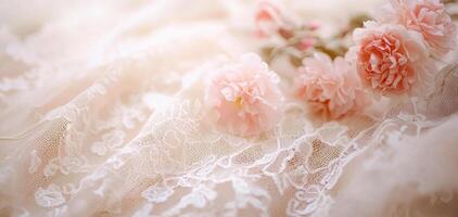 Delicate pink flowers rest on soft lace fabric creating serene atmosphere perfect for mother day celebration filled with love and beauty photo